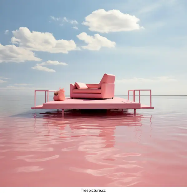 Pink surreal seascape with floating sofa
