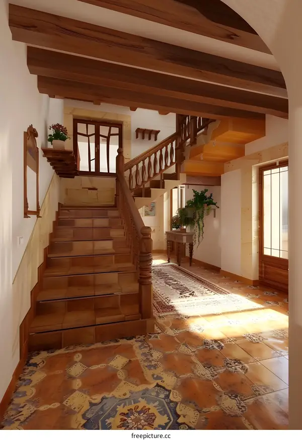 Rustic Interior Design With Wooden Staircase and Tile Floor