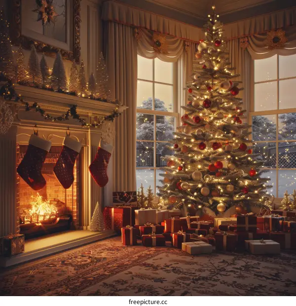 Christmas Tree and Presents by the Fireplace