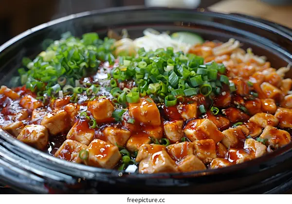 Close up of Mapo Tofu in a Black Bowl