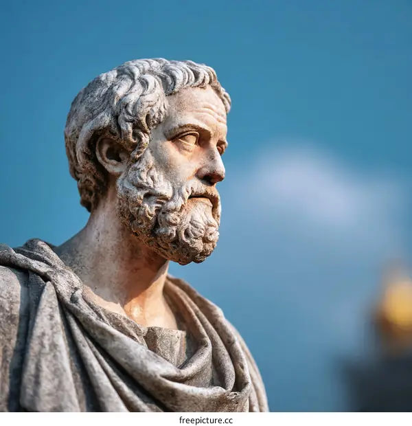 Ancient Greek Statue of Philosopher Bust Close-up against a Clear Sky
