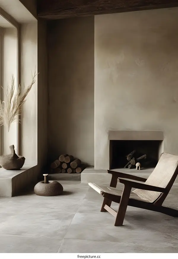 Minimalist Living Room Interior Design with Fireplace and Wooden Chair