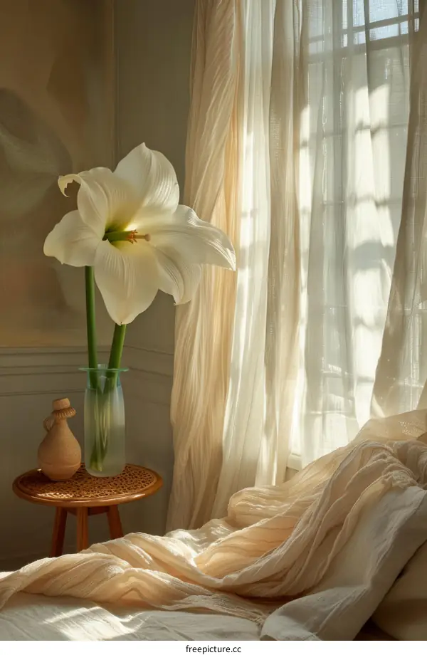 White amaryllis flower in a glass vase on a wooden table near a window with a sheer curtain
