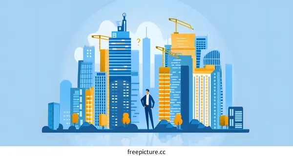Businessman Standing in Front of Cityscape with Construction Cranes