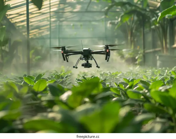 Drone spraying pesticides in greenhouse