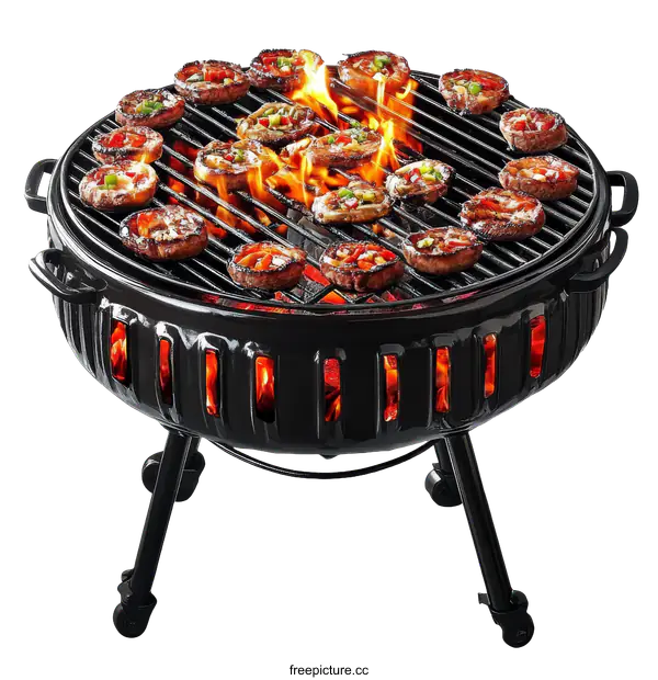 [Transparent Background PNG]Portable Black Outdoor Grill with Cooking Food