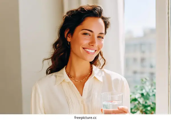 Smiling Woman Drinking Water by the Window