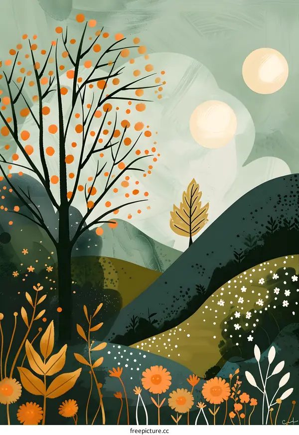 Abstract Landscape with Two Trees and Flowers