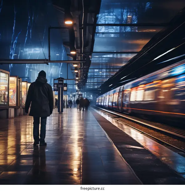 A man stands on a train station platform as a train passes by.