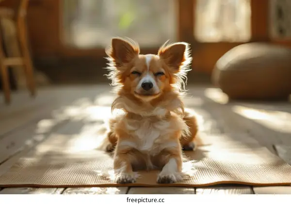 A cute dog is lying on the yoga mat and basking in the sun