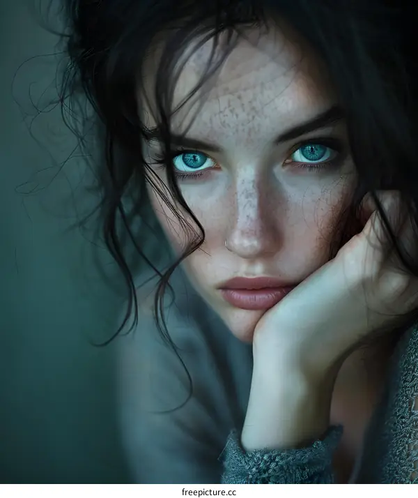 Portrait of a young woman with blue eyes and freckles