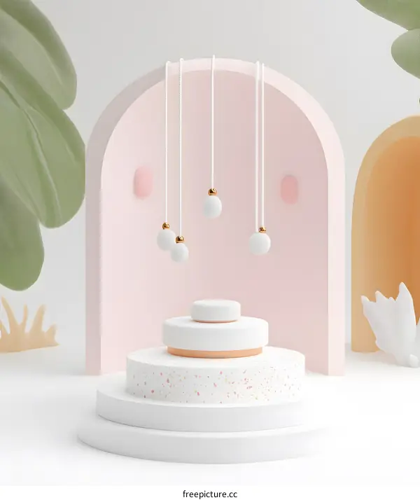 Minimalist 3D Rendering of a White and Pink Product Display Platform with Hanging White Balls