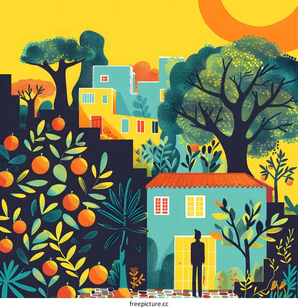 Colorful Mediterranean Town Illustration