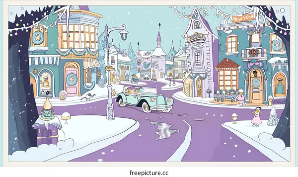 Winter Village Street Scene with Car and People