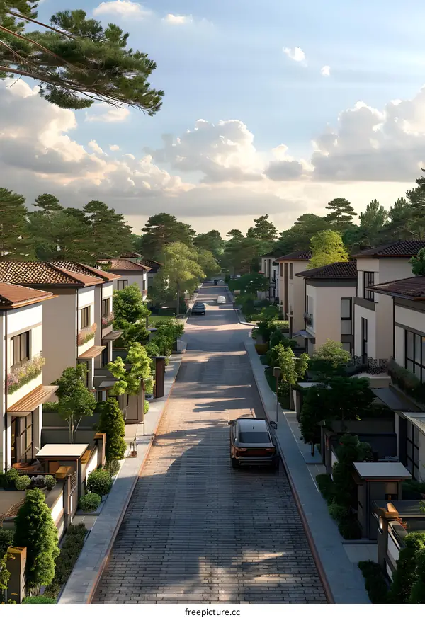 Cobblestone Road With Houses And Lush Trees