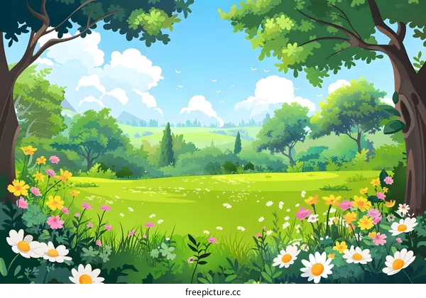 Springtime Landscape with Flowers and Trees