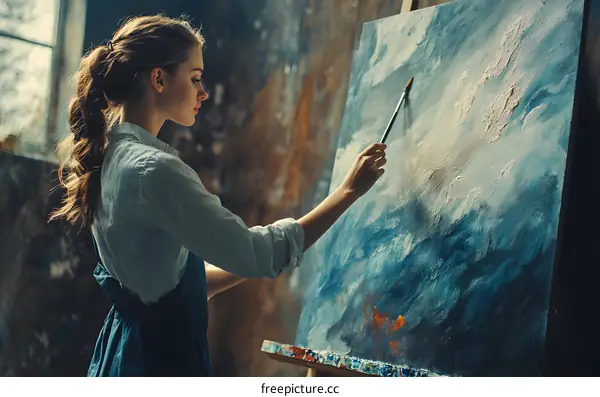 Young Woman Artist Painting In Her Studio
