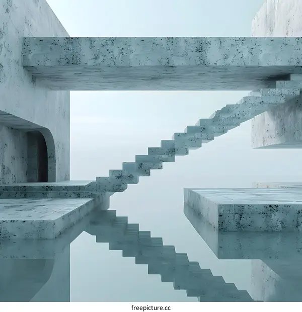 Concrete stairs in a surreal space with water reflection