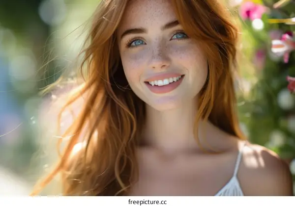Portrait of a beautiful young woman with red hair and freckles