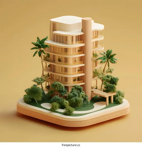 Minimalist 3D Illustration of a Modern Apartment Building Surrounded by Palm Trees and Lush Greenery