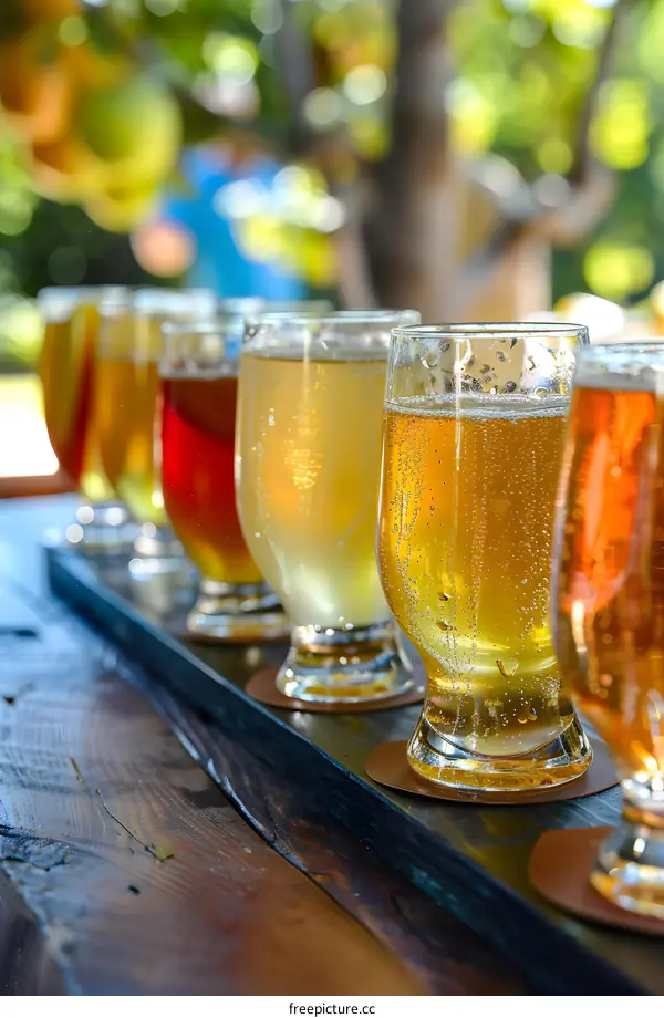 Close Up of a Flight of Ciders on a Wooden Table