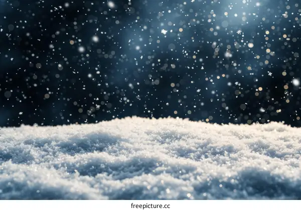 A beautiful winter snow scene with snowflakes falling against a dark blue background.