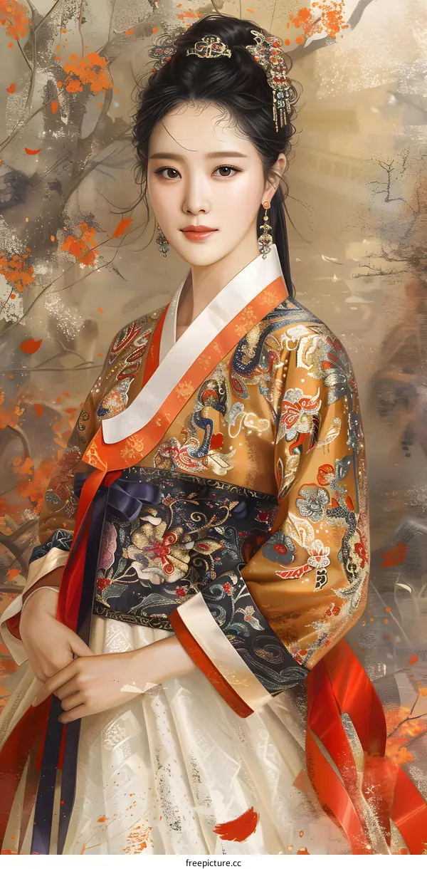 Beautiful Asian Woman in Traditional Korean Hanbok Dress