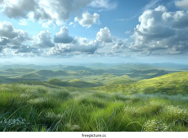 Green Rolling Hills and Blue Sky with Clouds