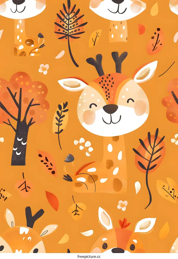 Cute Cartoon Giraffe Autumn Leaves Seamless Pattern