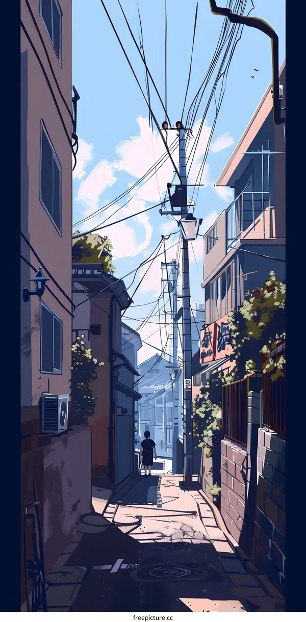 Back Alley in Japan with a Person and Power Lines
