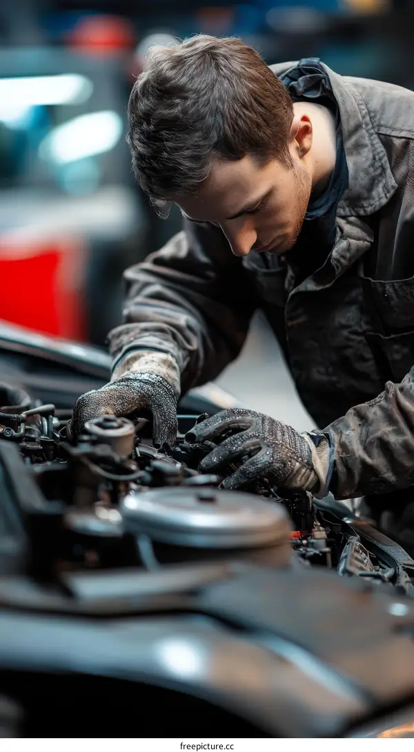 Auto Mechanic Working on a Car Engine
