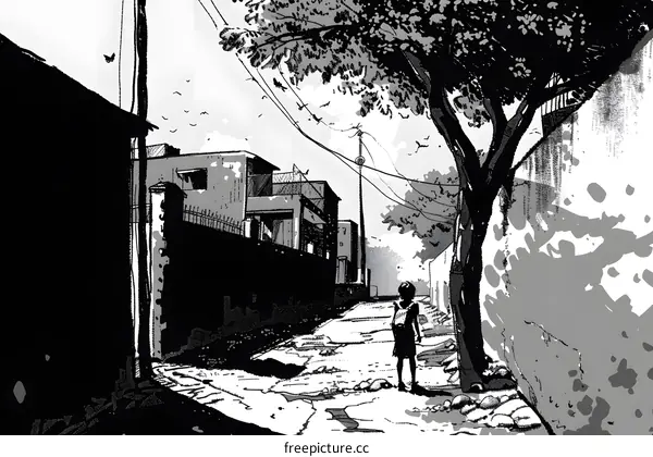 Black and White Illustration of a Child Walking Down a Street