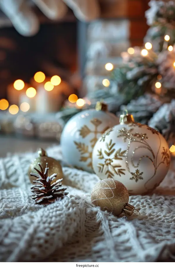 Christmas ornaments with blurred background of lights