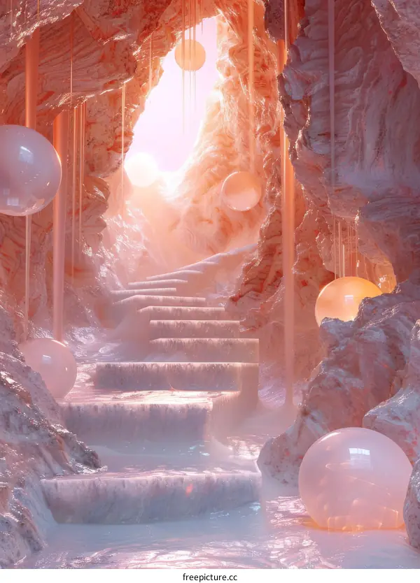 Extraterrestrial Cave with Stairwell and Floating Orbs in Fuchsia