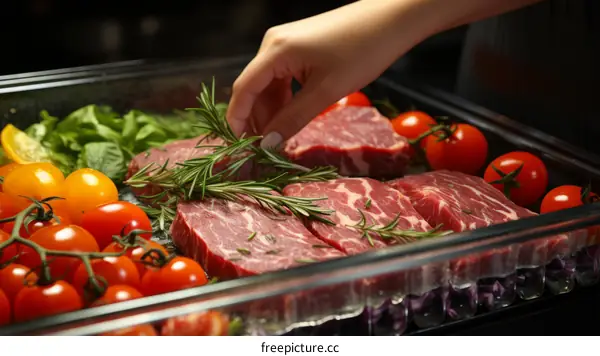 Raw steaks with rosemary and vegetables