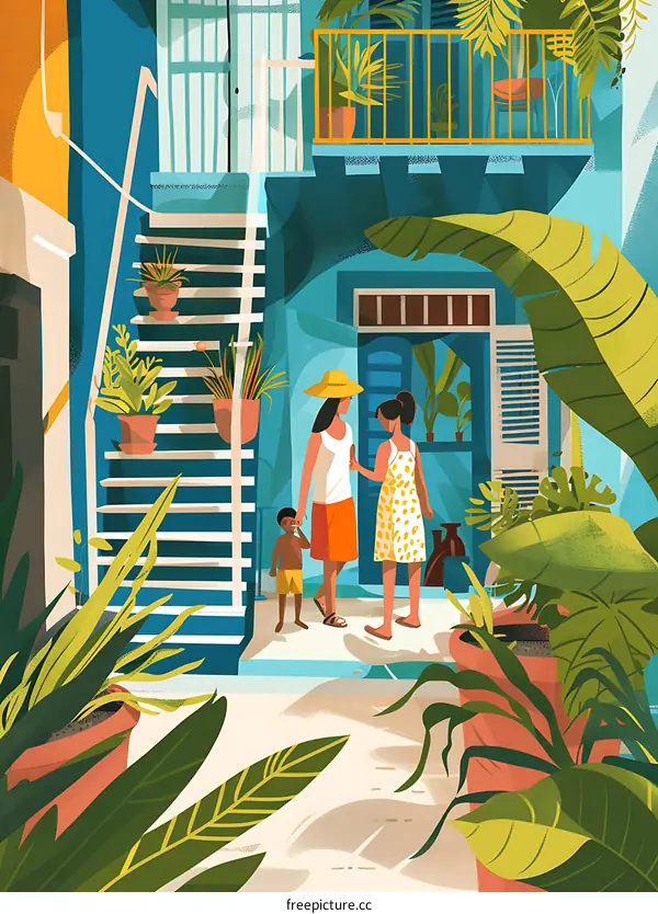 Colorful Illustration of Tropical House with Family