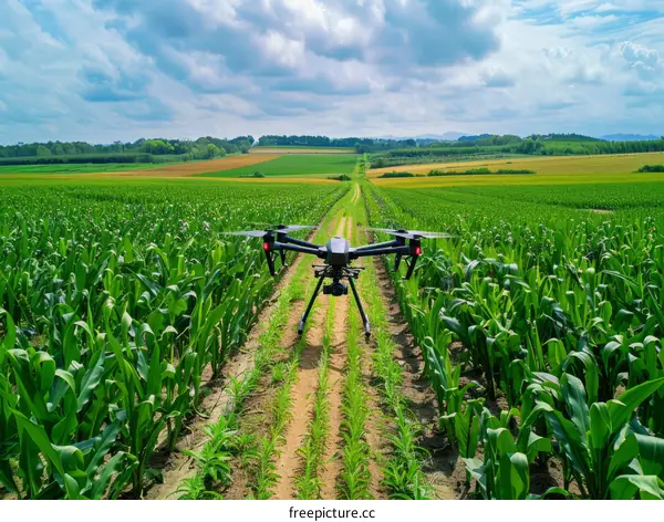 A drone is flying over a corn field to monitor the growth of the corn.