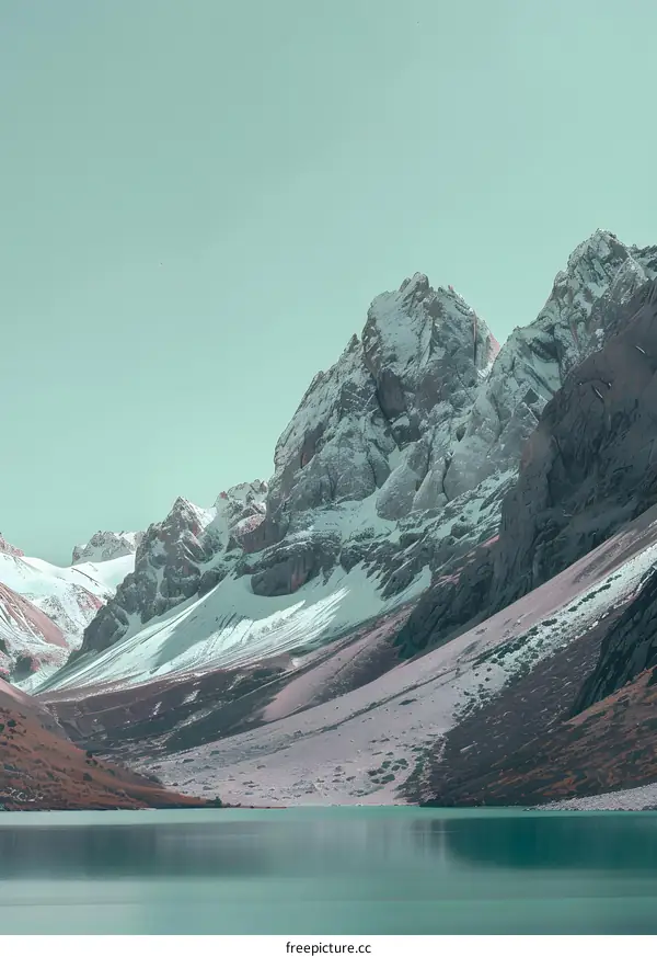 Snow Capped Mountain Peak And Turquoise Lake