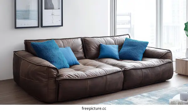 Modern Brown Leather Sectional Sofa with Teal Pillows