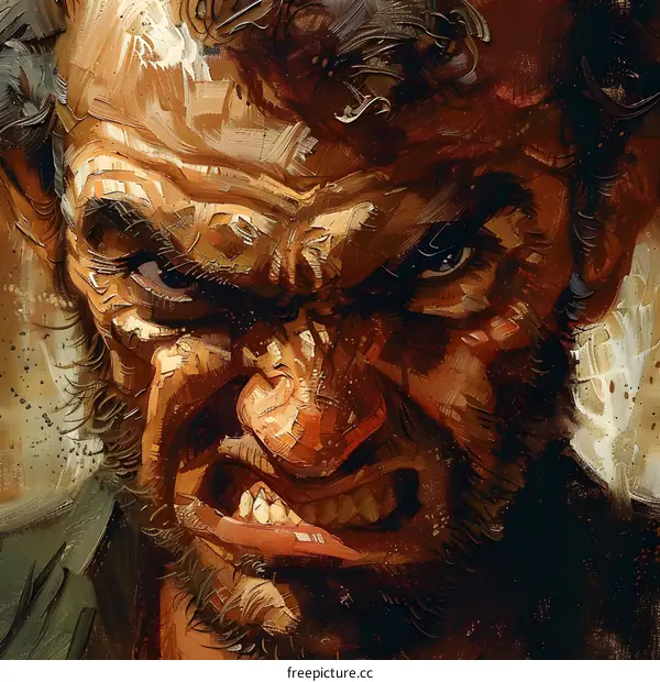 Digital painting of a mans face with a beard and a grimace.