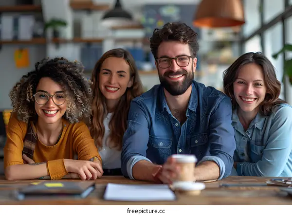 A group of young people are smiling and looking at the camera in an office.
