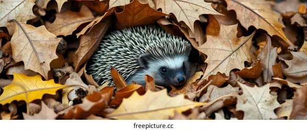 Hedgehog Hiding in Autumn Leaves