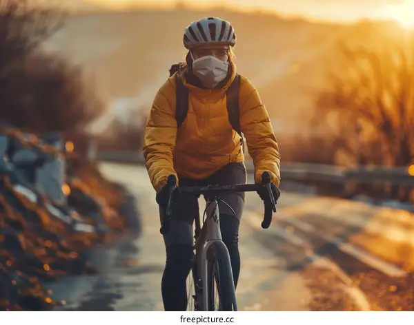 Cyclist wearing a mask rides a bicycle on a road during sunset