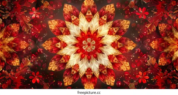 Intricate Red and Gold Mandala with Autumn Leaves
