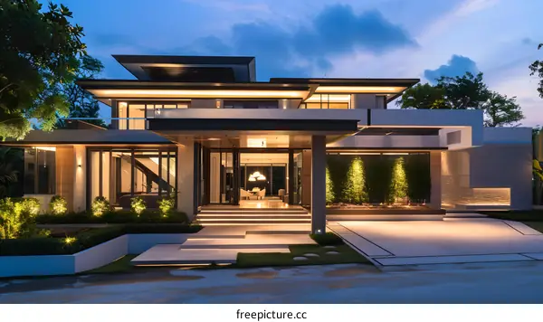 Modern Luxury Home Exterior Design With Night Lighting