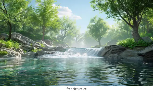 Pristine river flows through the lush green forest with rocks and trees