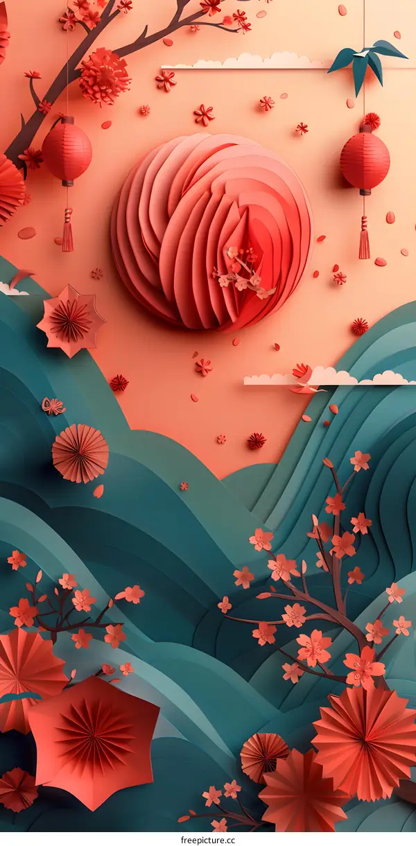 Red Paper Cut Landscape with Flowers and Lanterns