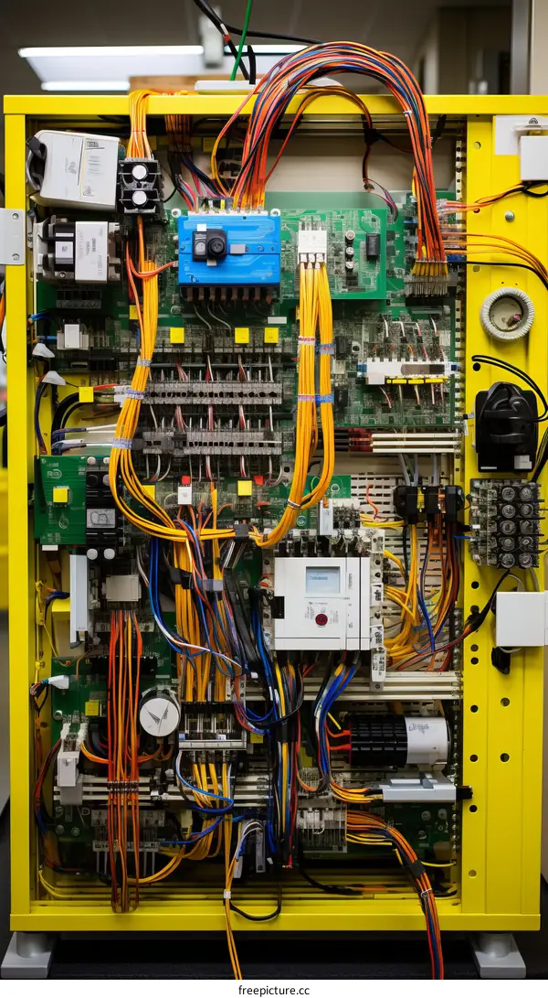 A technician is working on a complex electrical control panel.