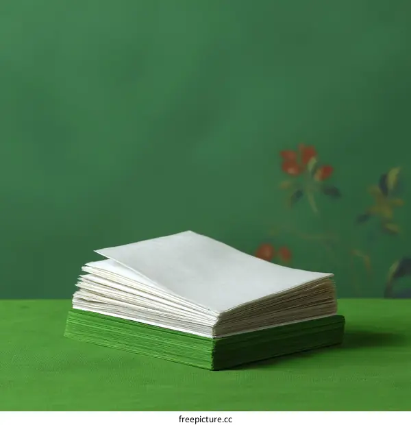 Stack of White and Green Papers on a Green Tablecloth