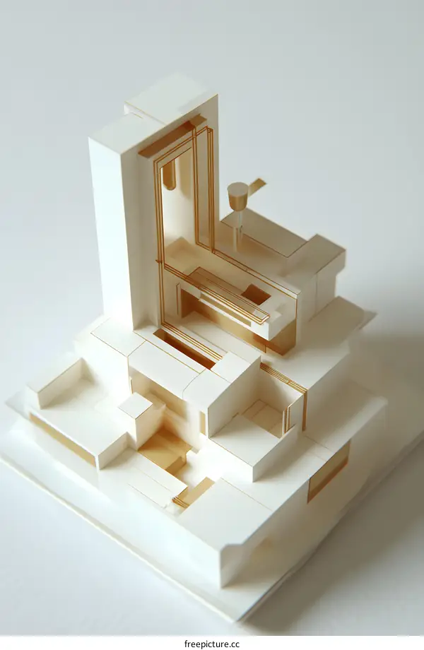 White Building Model with Gold Lines